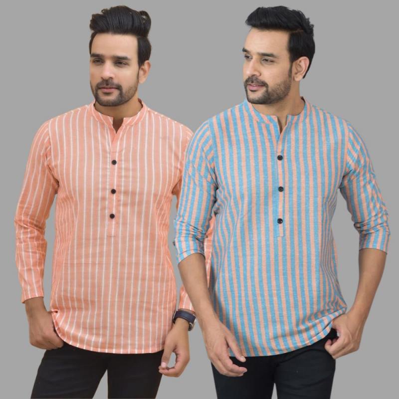 Combo of 2 Men Cotton Stripe Short Kurta Sky Blue and Peach-25751