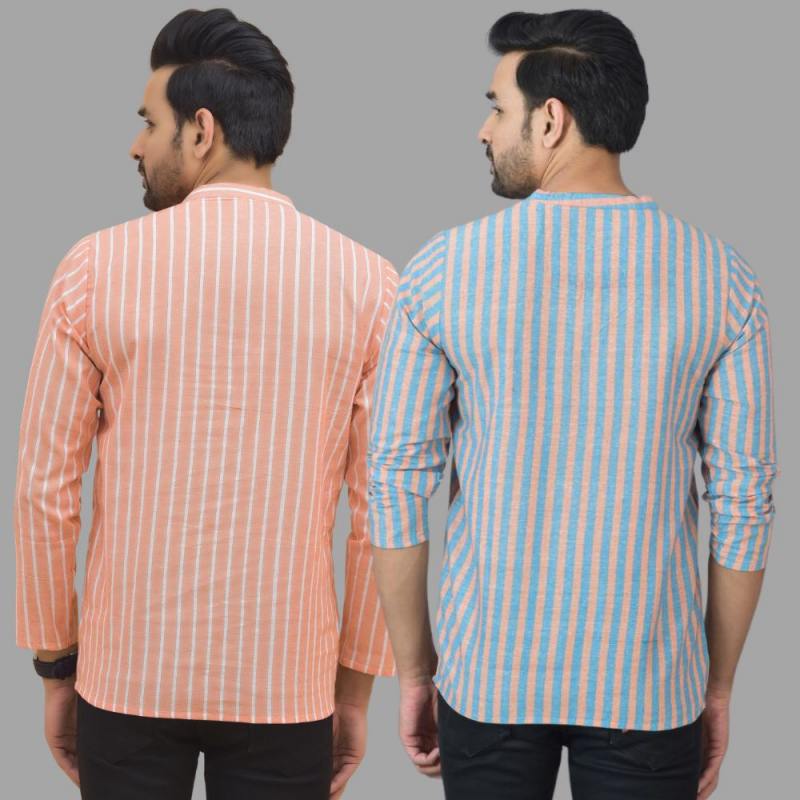 Combo of 2 Men Cotton Stripe Short Kurta Sky Blue and Peach-25751