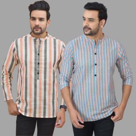 Combo of 2 Men Cotton Stripe Short Kurta-25753