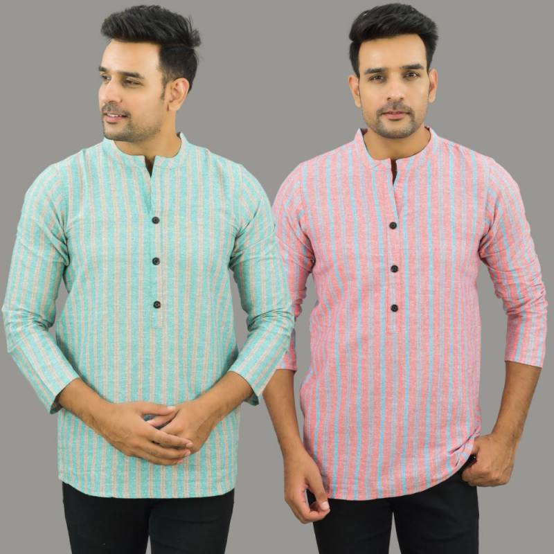 Combo of 2 Men Cotton Stripe Short Kurta Sky Blue and Pink-25700