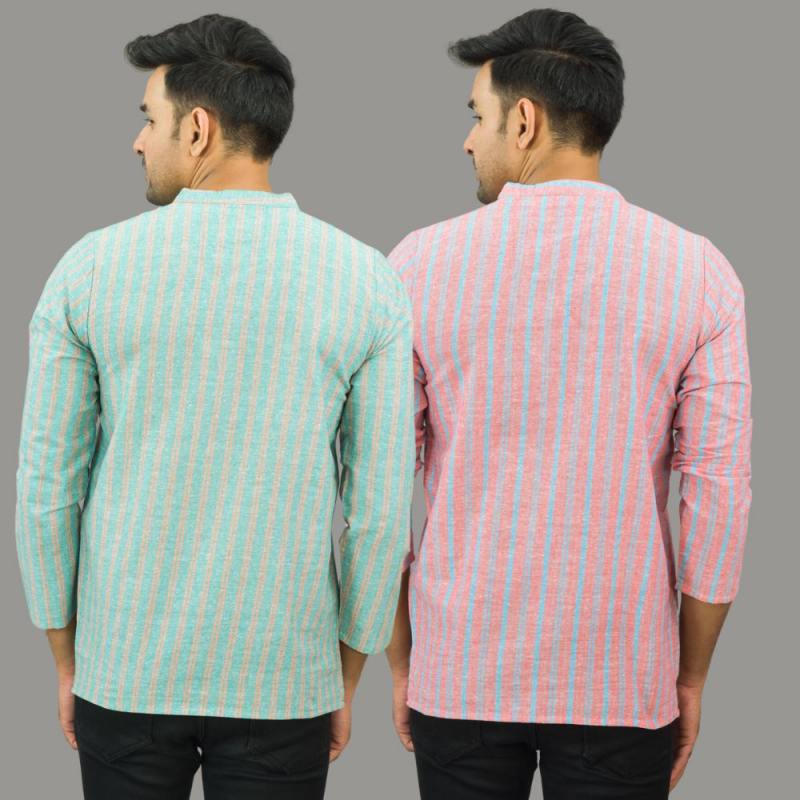 Combo of 2 Men Cotton Stripe Short Kurta Sky Blue and Pink-25700