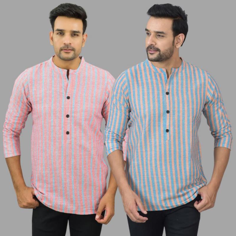 Combo of 2 Men Cotton Stripe Short Kurta Sky Blue and Pink-25755