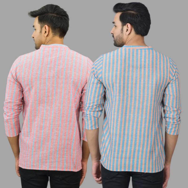 Combo of 2 Men Cotton Stripe Short Kurta Sky Blue and Pink-25755