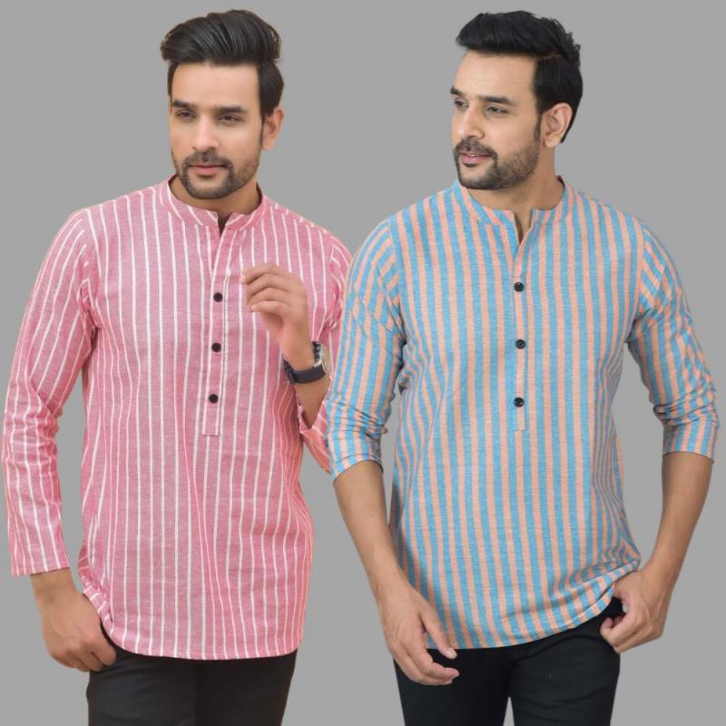 Combo of 2 Men Cotton Stripe Short Kurta-25758