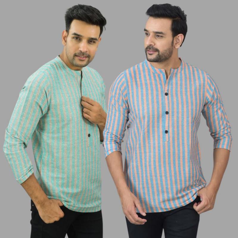 Combo of 2 Men Cotton Stripe Short Kurta Sky Blue and Sky Blue-25747
