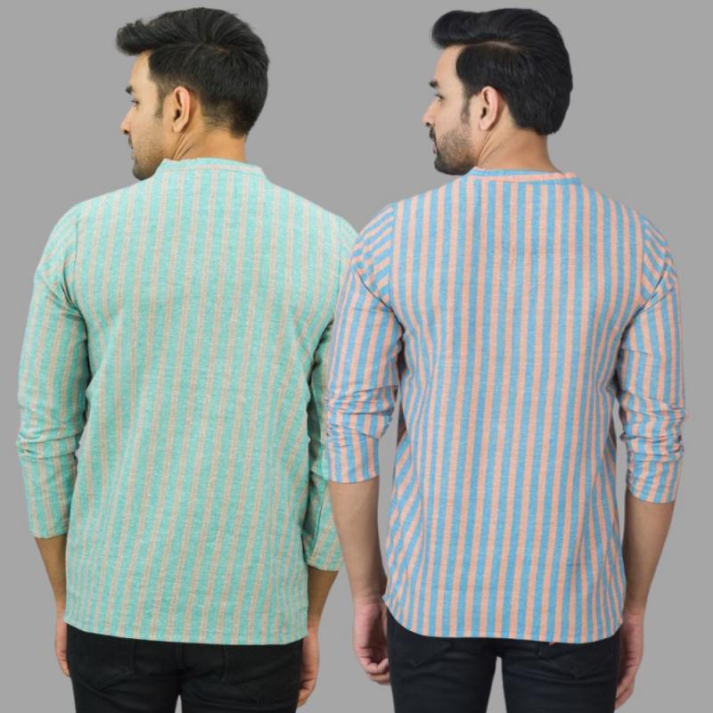 Combo of 2 Men Cotton Stripe Short Kurta Sky Blue and Sky Blue-25747