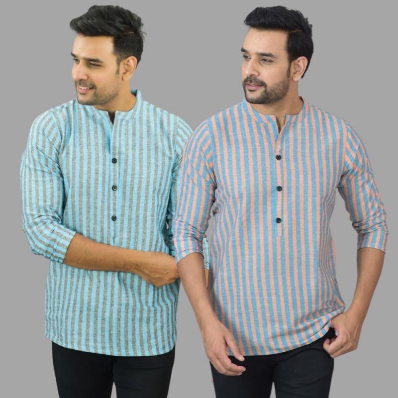 Combo of 2 Men Cotton Stripe Short Kurta Sky Blue and Sky Blue-25759