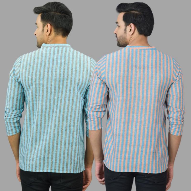 Combo of 2 Men Cotton Stripe Short Kurta Sky Blue and Sky Blue-25759