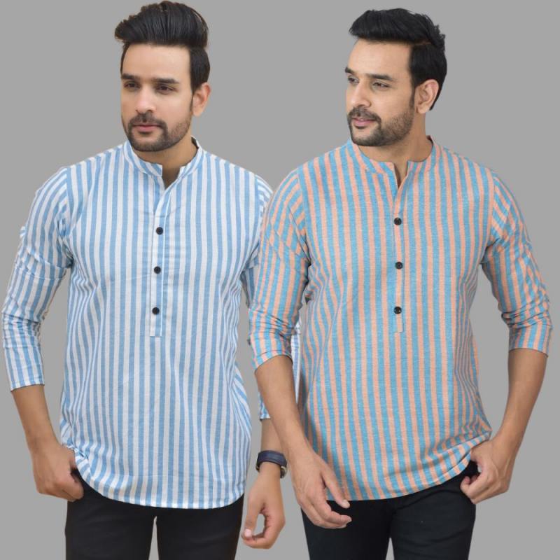 Combo of 2 Men Cotton Stripe Short Kurta Sky Blue and Sky Blue-25761