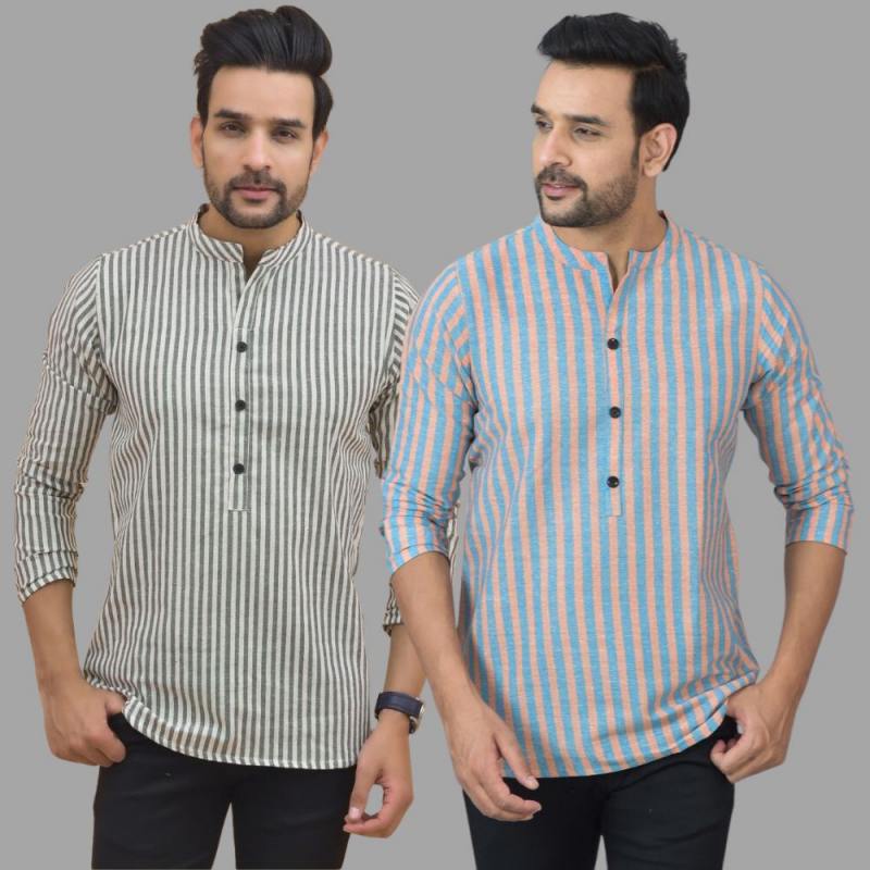 Combo of 2 Men Cotton Stripe Short Kurta-25767