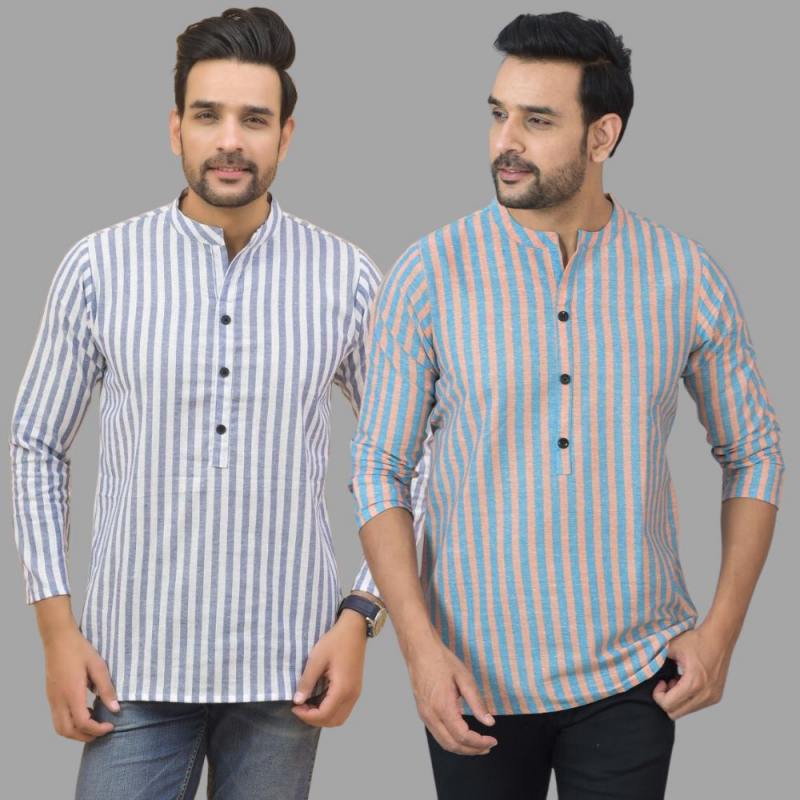 Combo of 2 Men Cotton Stripe Short Kurta Sky Blue and White-25769