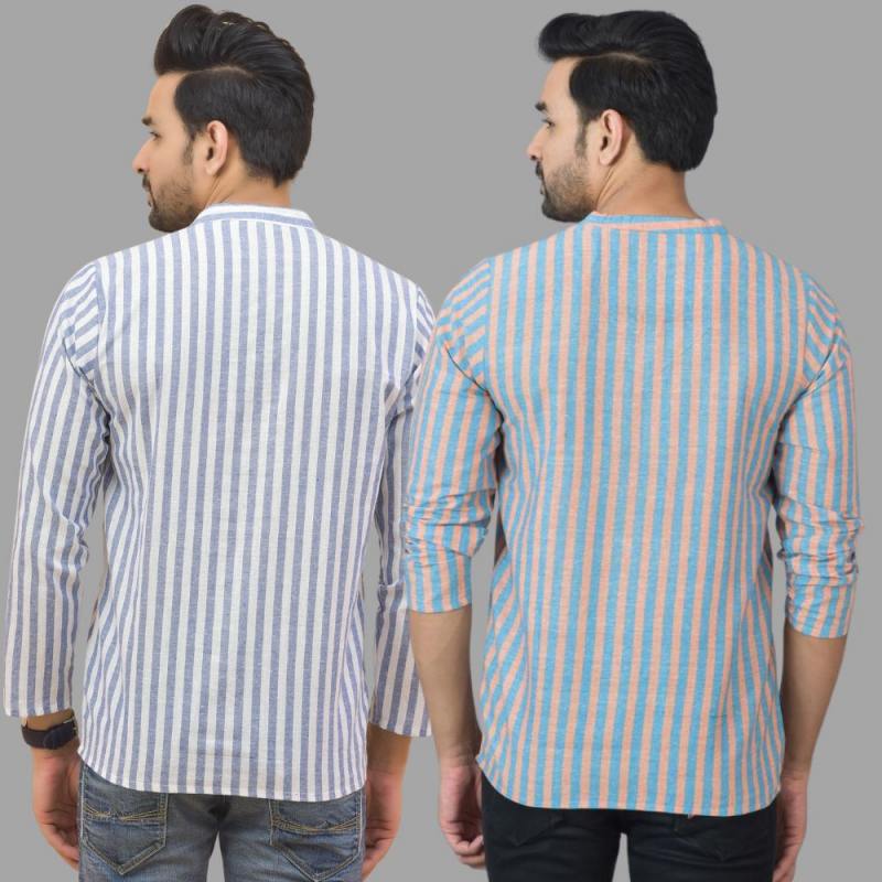 Combo of 2 Men Cotton Stripe Short Kurta Sky Blue and White-25769