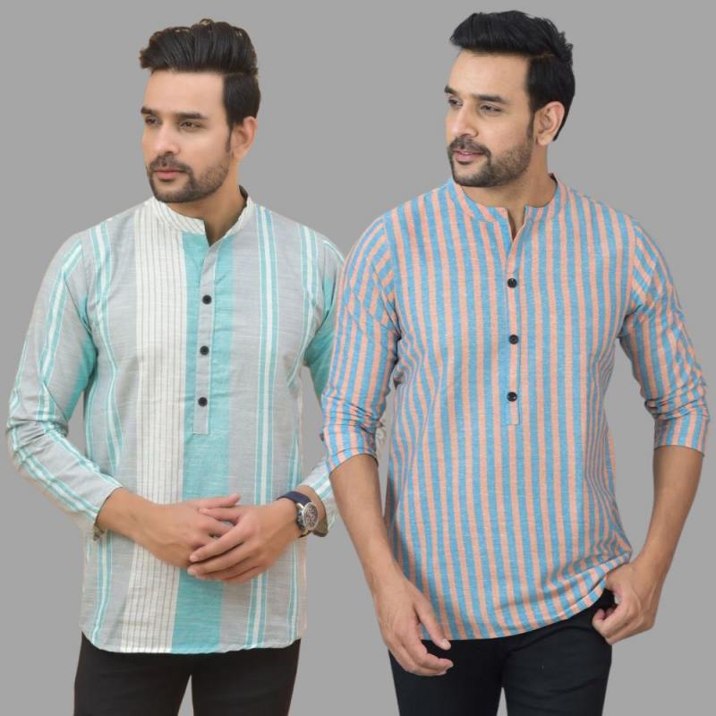 Combo of 2 Men Cotton Stripe Short Kurta-25771