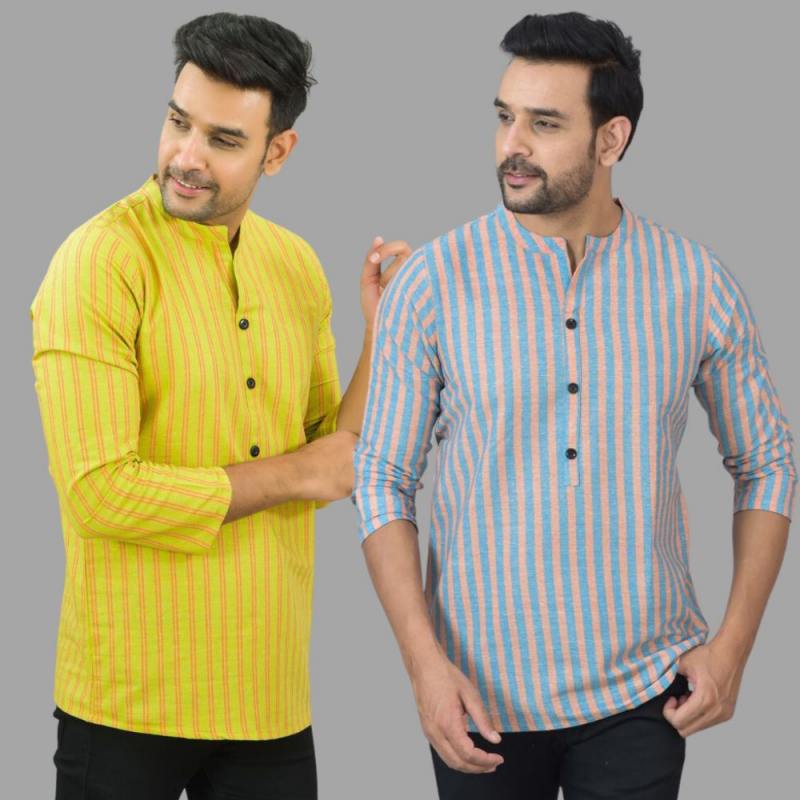 Combo of 2 Men Cotton Stripe Short Kurta Sky Blue and Yellow-25773