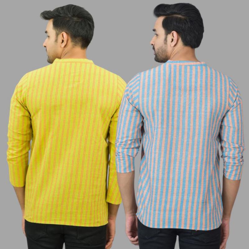 Combo of 2 Men Cotton Stripe Short Kurta Sky Blue and Yellow-25773