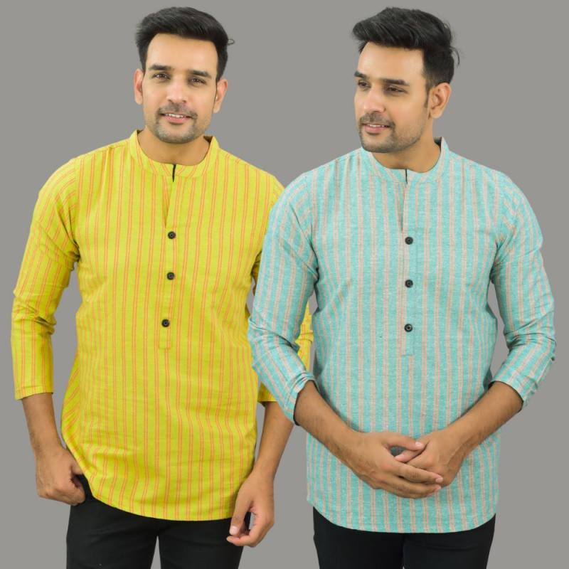 Combo of 2 Men Cotton Stripe Short Kurta-25716