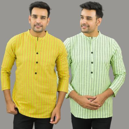Combo of 2 Men Cotton Stripe Short Kurta Yellow and Mint Green-25712