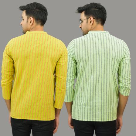 Combo of 2 Men Cotton Stripe Short Kurta Yellow and Mint Green-25712