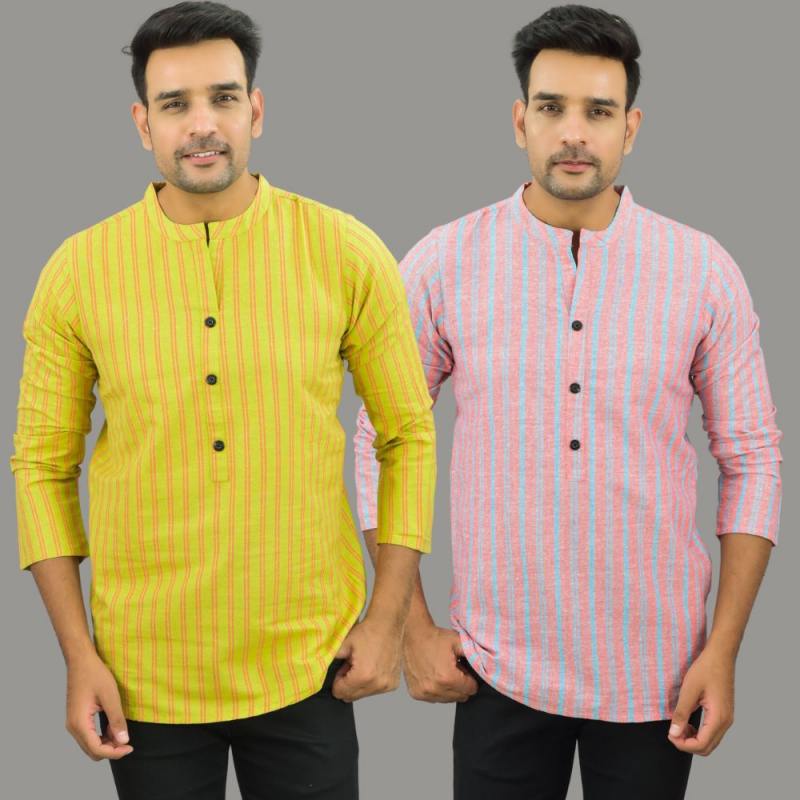 Combo of 2 Men Cotton Stripe Short Kurta Yellow and Pink-25701