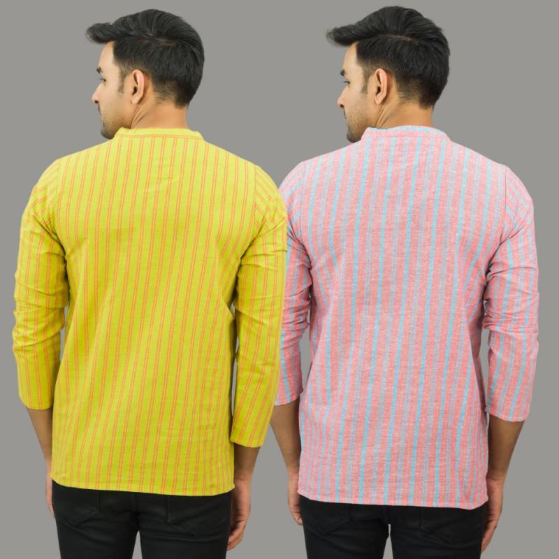 Combo of 2 Men Cotton Stripe Short Kurta Yellow and Pink-25701