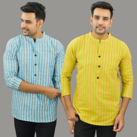 Combo of 2 Men Cotton Stripe Short Kurta Yellow and Sky Blue-25719