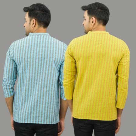 Combo of 2 Men Cotton Stripe Short Kurta Yellow and Sky Blue-25719
