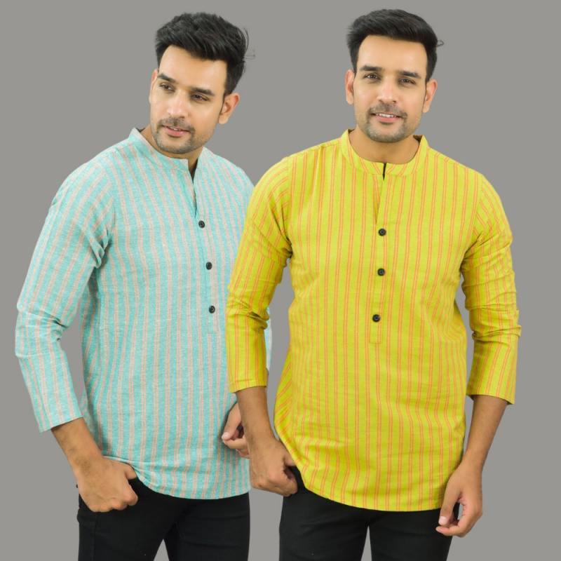 Combo of 2 Men Cotton Stripe Short Kurta Yellow and Sky Blue-25721