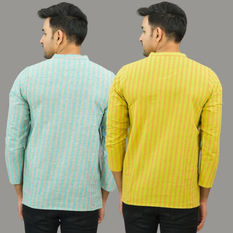 Combo of 2 Men Cotton Stripe Short Kurta Yellow and Sky Blue-25721