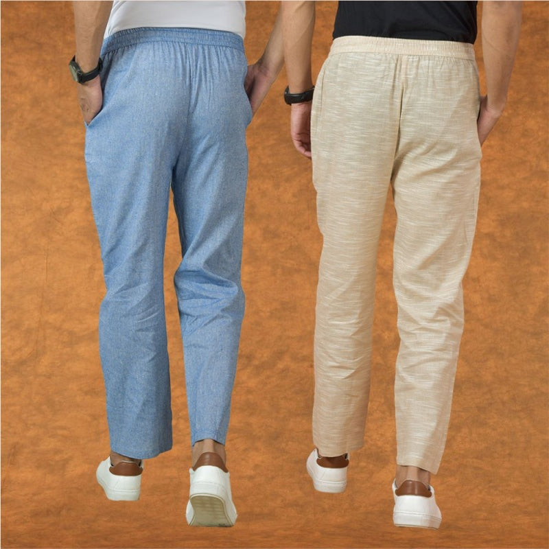 Combo of 2 Men Denim Beige Cotton Handloom Solid Pant-15055