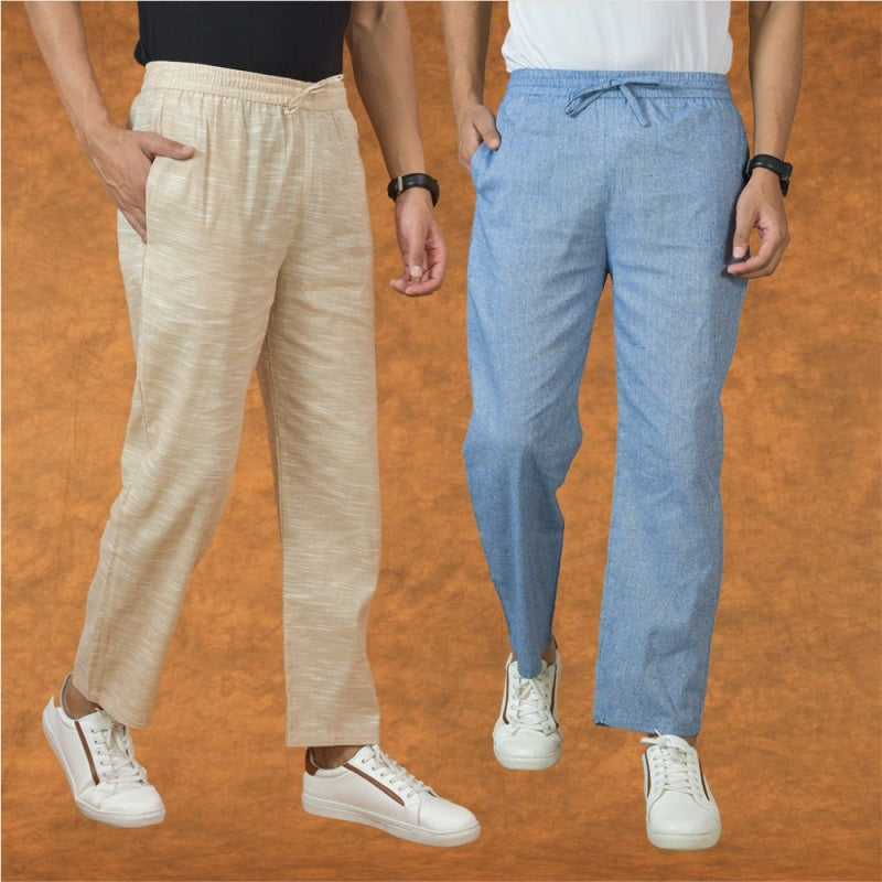 Combo of 2 Men Denim Beige Cotton Handloom Solid Pant-15055