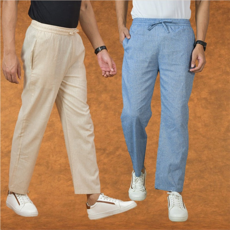 Combo of 2 Men Denim Cream Cotton Handloom Solid Pant-15059