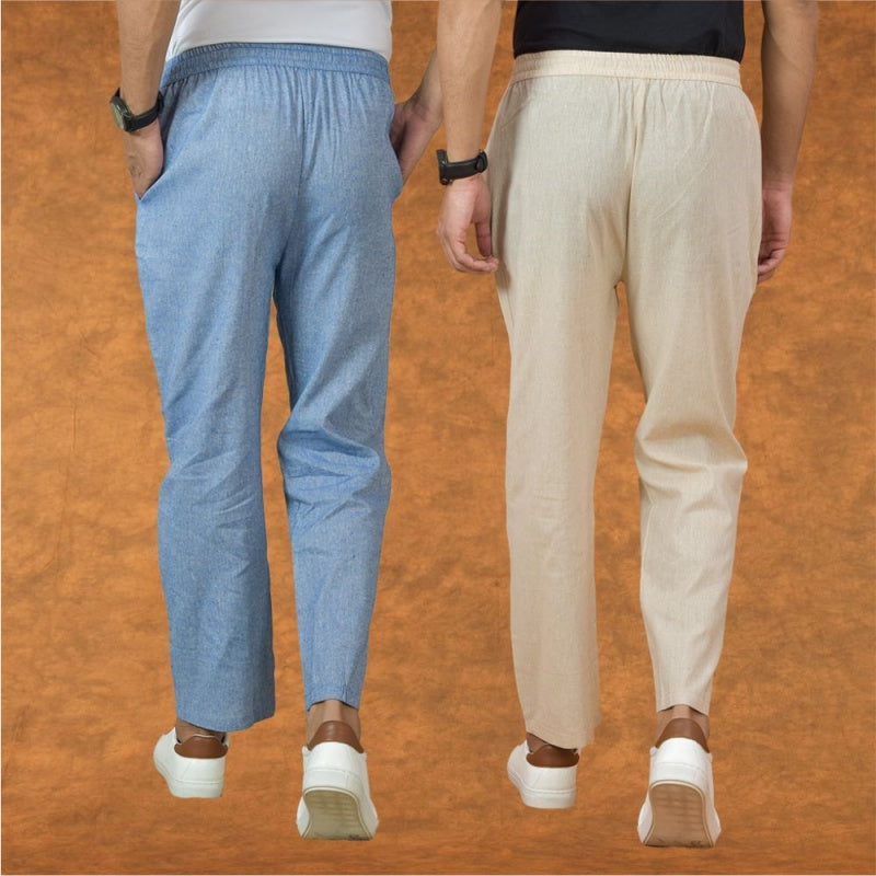 Combo of 2 Men Denim Cream Cotton Handloom Solid Pant-15059