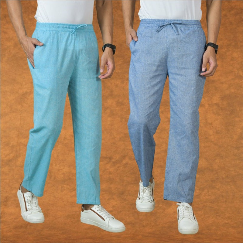 Combo of 2 Men Denim Sky Blue Cotton Handloom Solid Pant-15064