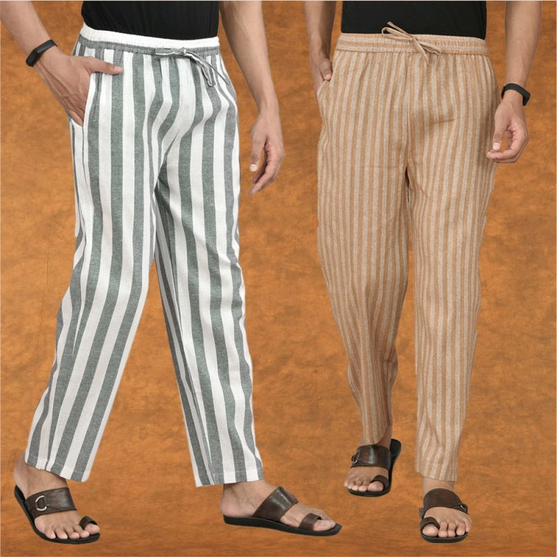 Combo of 2 Men Gray Beige Cotton Handloom Stripe Pant-15115