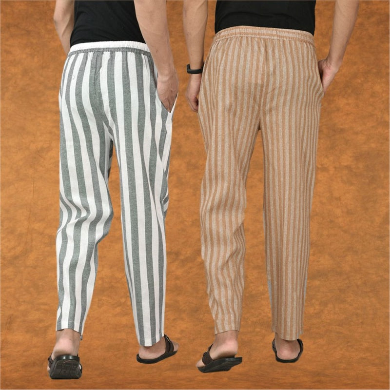 Combo of 2 Men Gray Beige Cotton Handloom Stripe Pant-15115