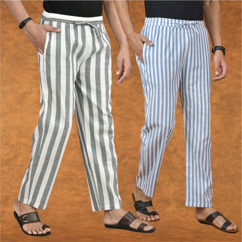 Combo of 2 Men Gray Blue Cotton Handloom Stripe Pant-15076