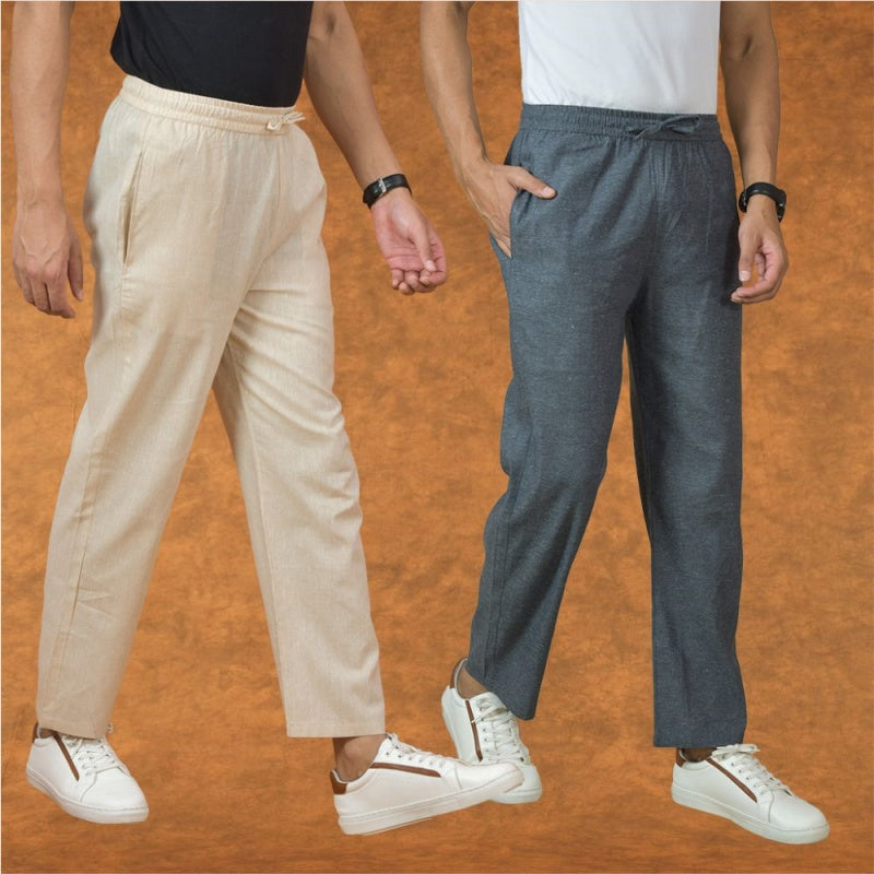Combo of 2 Men Gray Cream Cotton Handloom Solid Pant-15060
