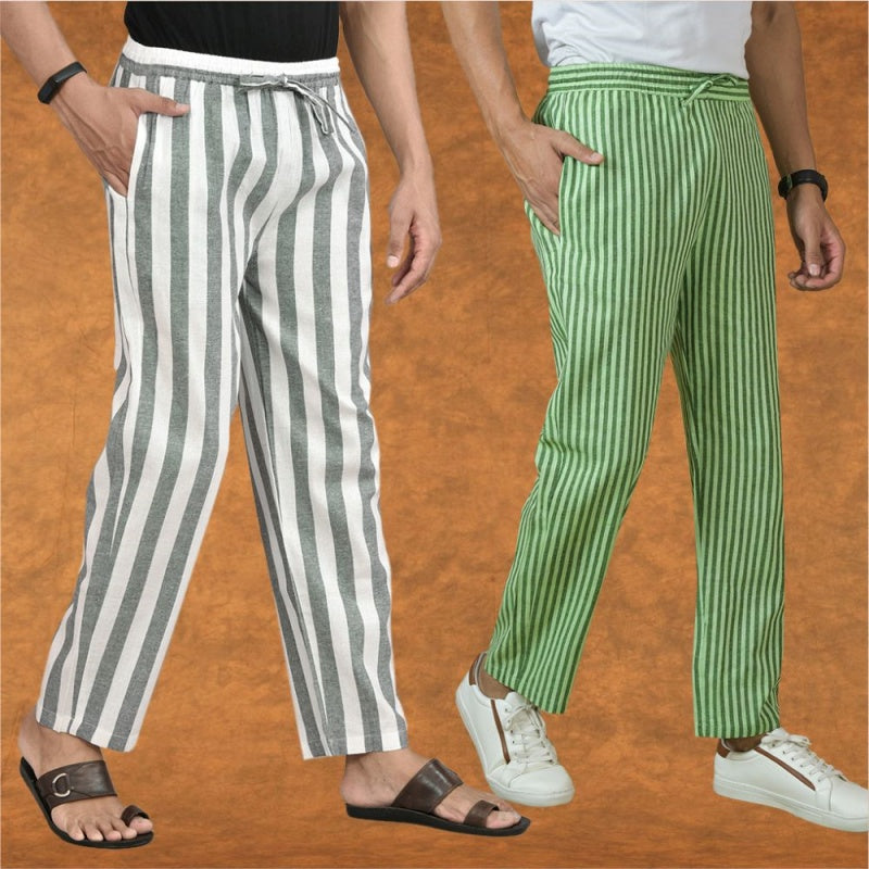 Combo of 2 Men Gray Olive Green Cotton Handloom Stripe Pant-15091