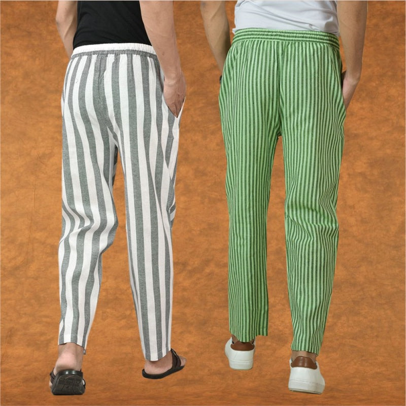 Combo of 2 Men Gray Olive Green Cotton Handloom Stripe Pant-15091