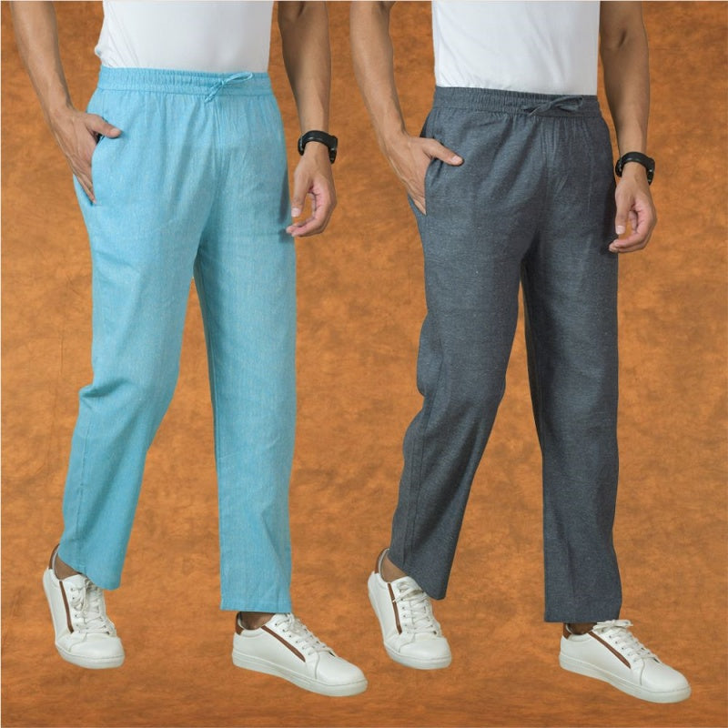 Combo of 2 Men Gray Sky Blue Cotton Handloom Solid Pant-15065