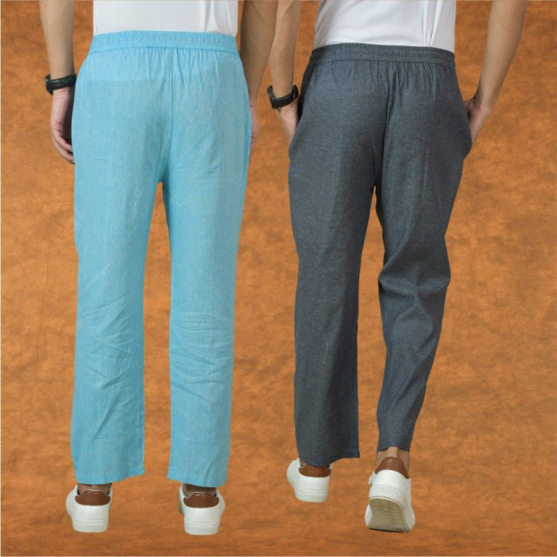Combo of 2 Men Gray Sky Blue Cotton Handloom Solid Pant-15065