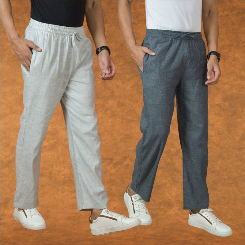 Combo of 2 Men Gray White Cotton Handloom Solid Pant-15063