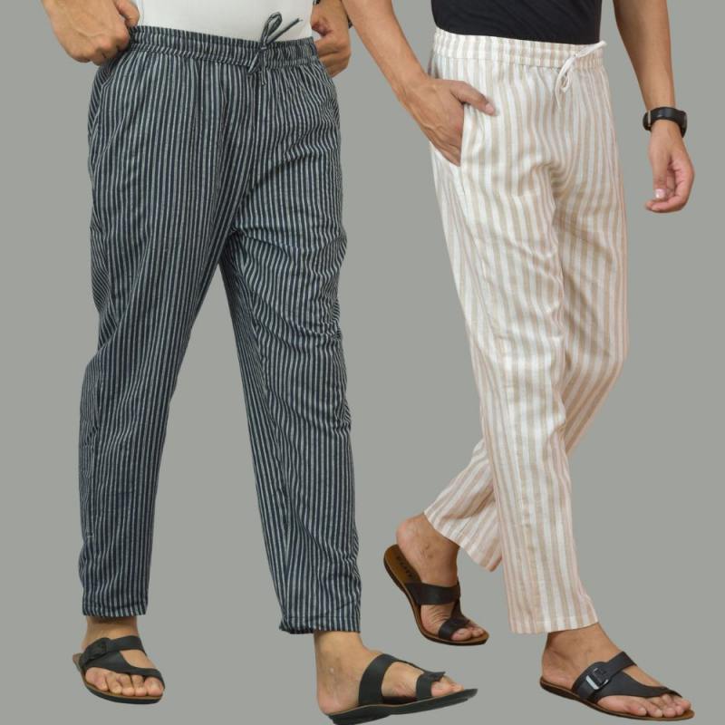 Combo of 2 Men Navy Blue Beige Cotton Handloom Stripe Pant-15657