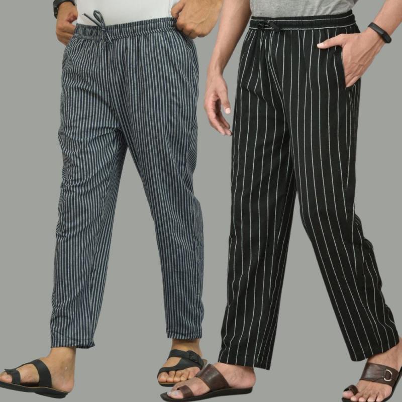 Combo of 2 Men Navy Blue Black Cotton Handloom Stripe Pant-15662