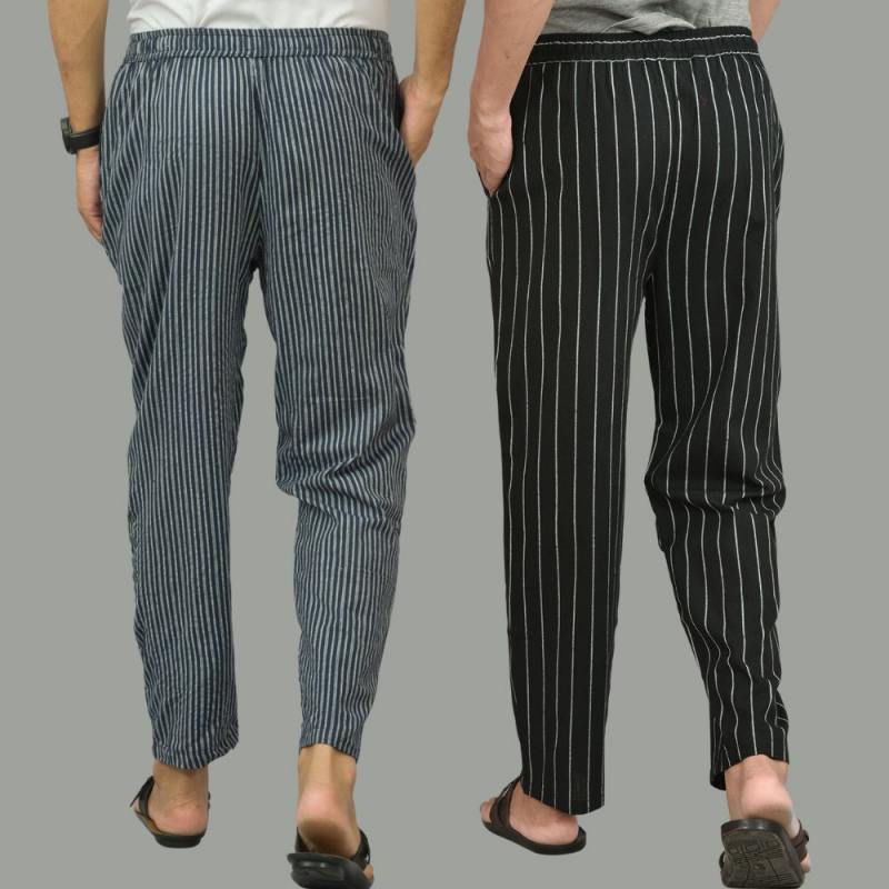 Combo of 2 Men Navy Blue Black Cotton Handloom Stripe Pant-15662