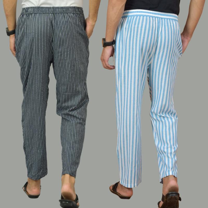 Combo of 2 Men Navy Blue Cyan Cotton Handloom Stripe Pant-15660