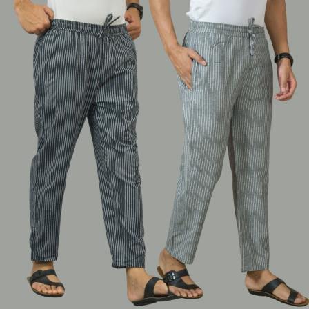 Combo of 2 Men Navy Blue Gray Cotton Handloom Stripe Pant-15654