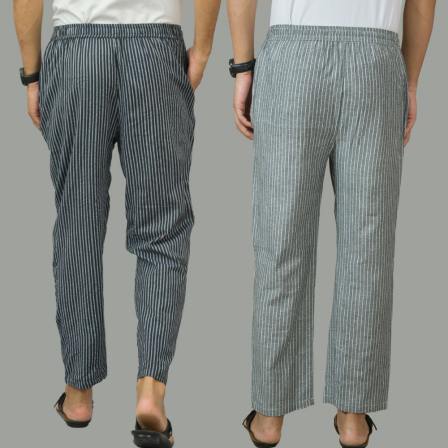 Combo of 2 Men Navy Blue Gray Cotton Handloom Stripe Pant-15654