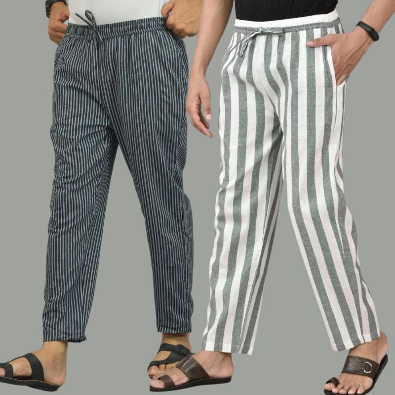 Combo of 2 Men Navy Blue White Cotton Handloom Stripe Pant-15664