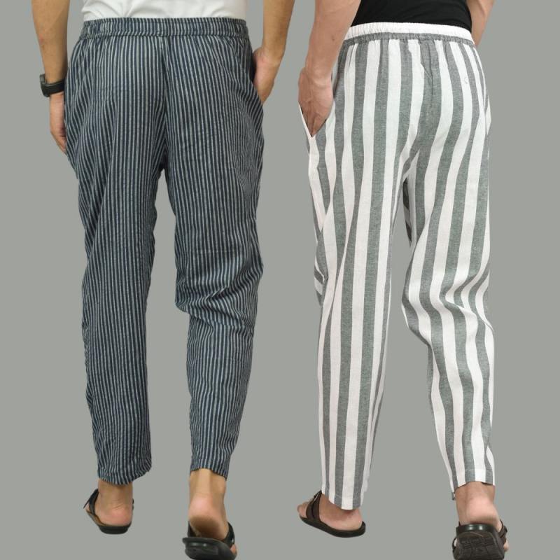 Combo of 2 Men Navy Blue White Cotton Handloom Stripe Pant-15664